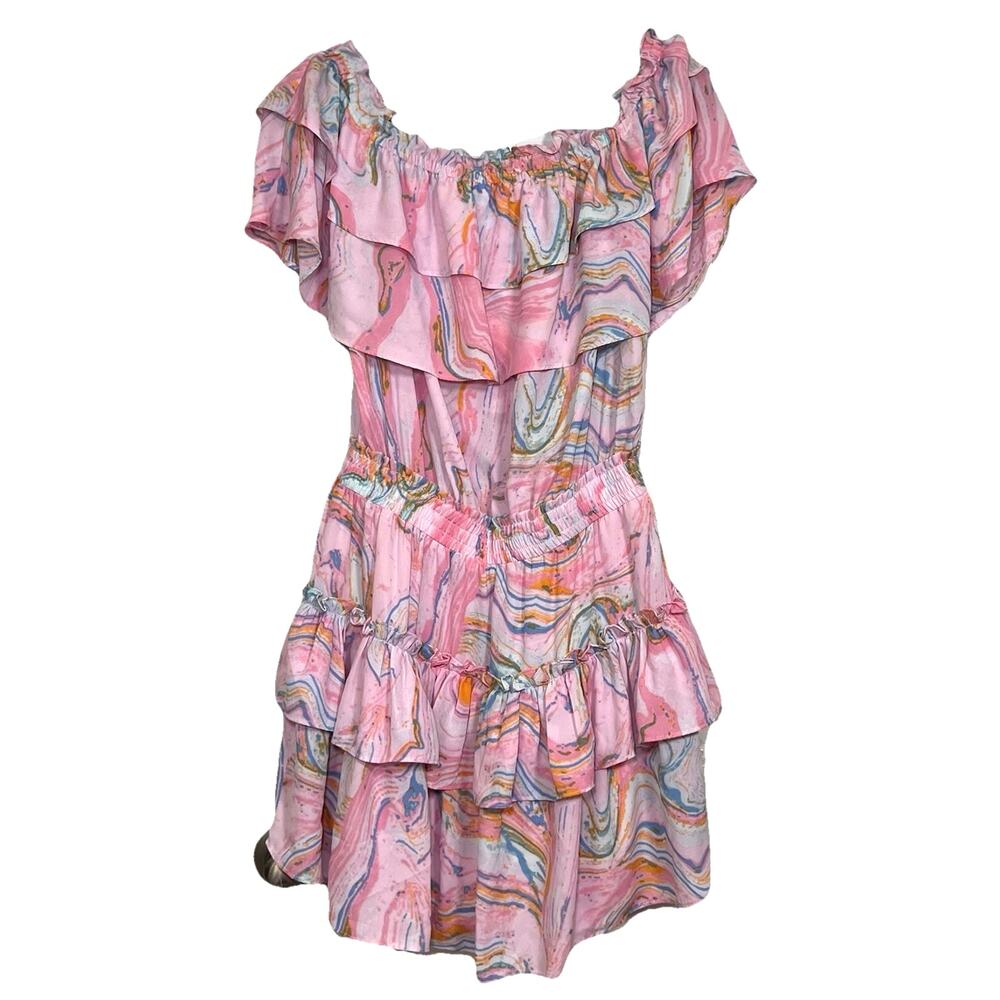 Buddy Love Dress Size M Pink Swirl Off Shoulder Smocked Waist Chiffon Mini NWT
